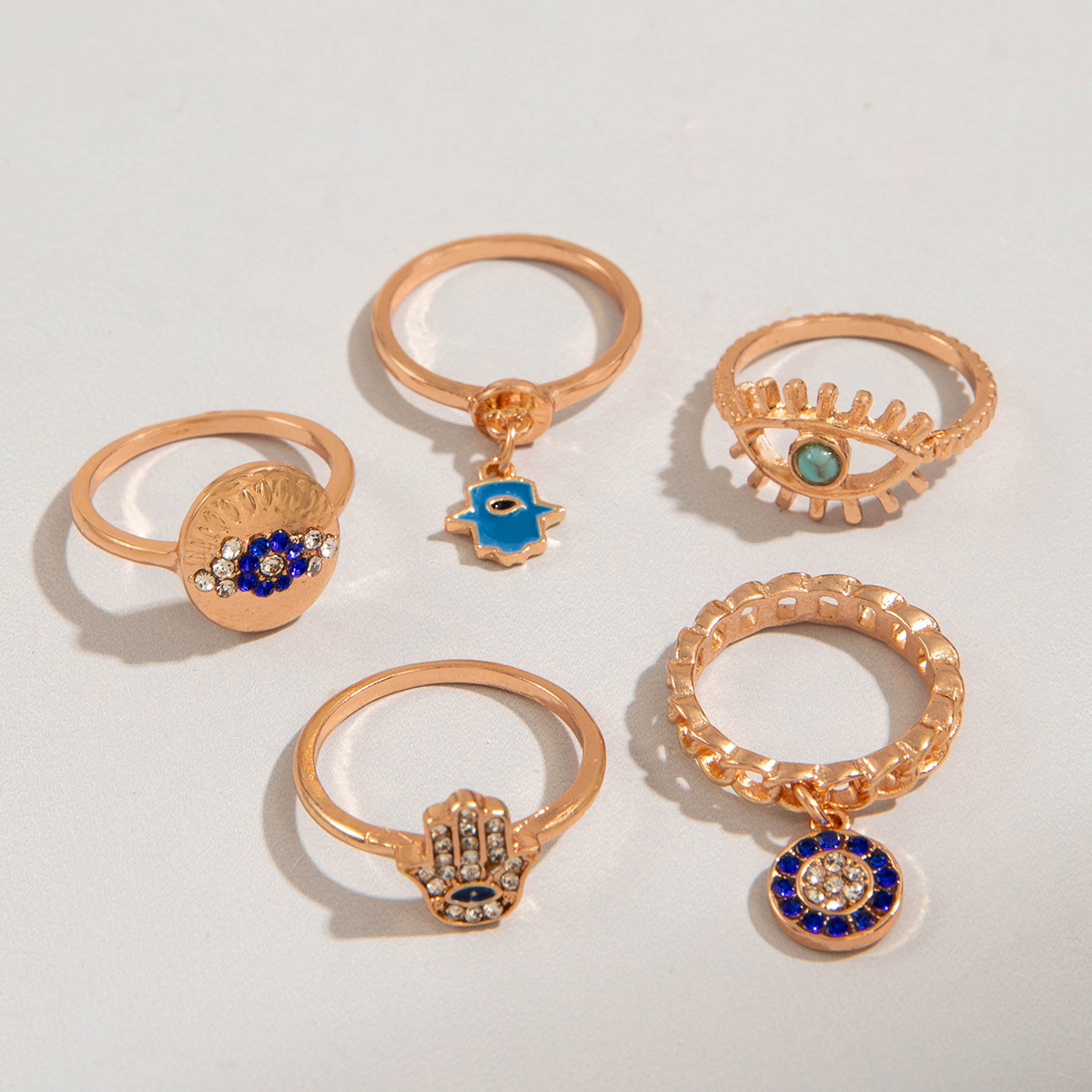 欧美跨境复古金属仿祖母绿镶钻戒指套装设计感爱心蛇形戒指套装女详情3