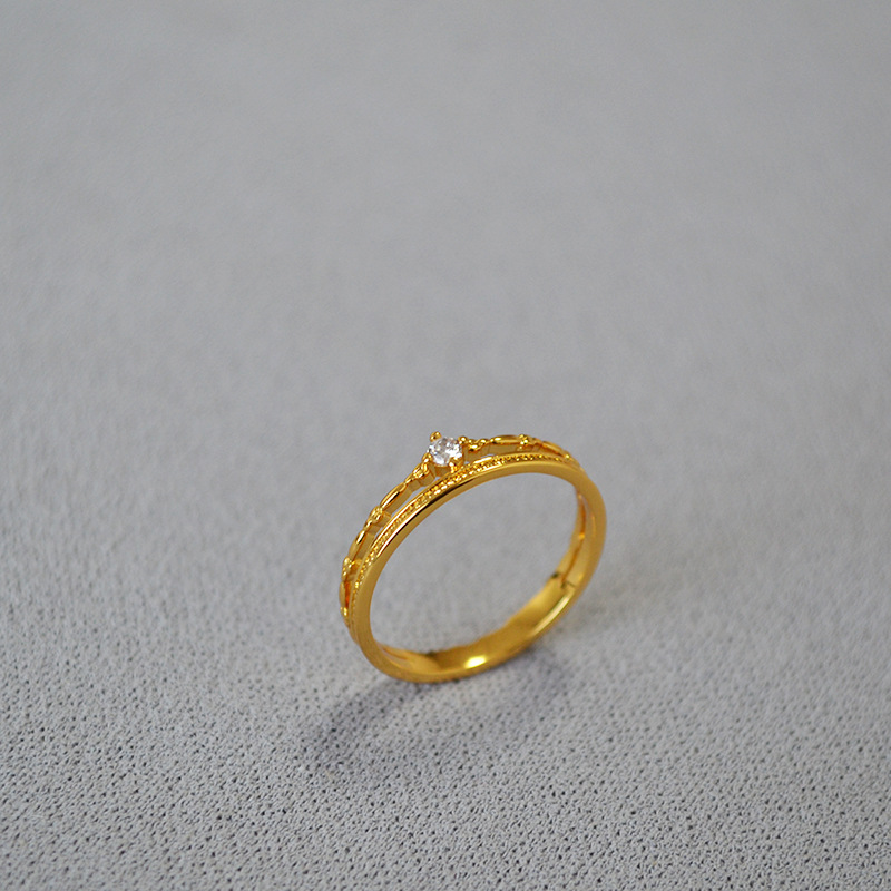 日系小众轻奢复古简约双层线条锆石闪钻黄铜镀金叠戴细戒指食指戒详情5