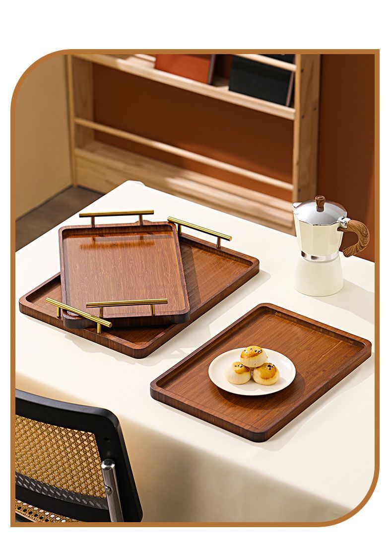 实木托盘长方形家用餐盘木质点心水果盘酒店茶盘金属带把手木盘子详情11