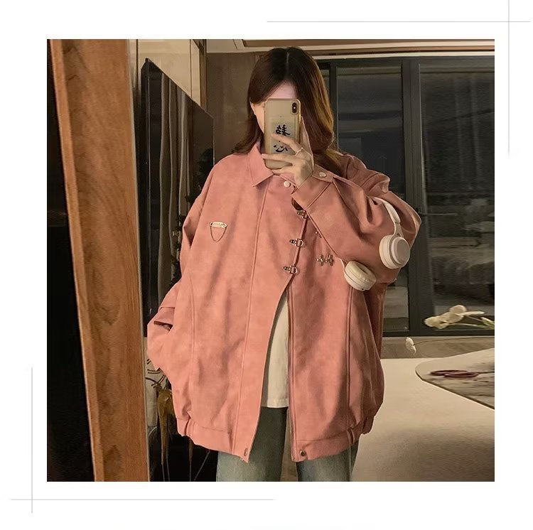 美式复古翻领外套女chic春秋潮流休闲宽松设计感PU皮学生夹克上衣详情9