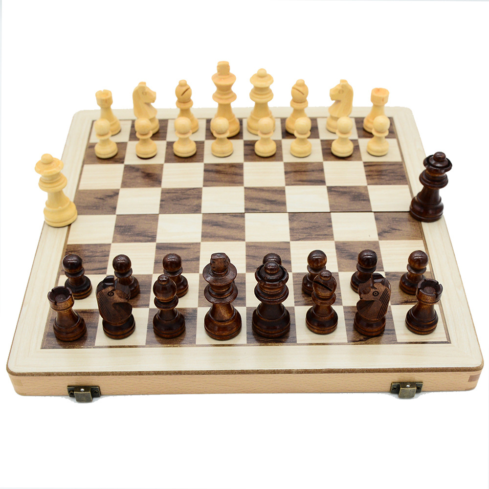 Two-in-one international chess checkers wooden board game toys with double back, non-magnetic for export pic 4