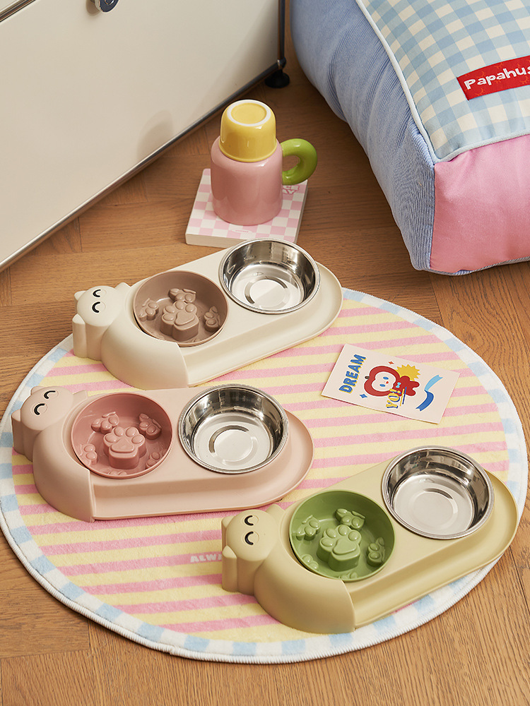 Multi-functional pet double-bowl cartoon with stainless steel bowl, pet feeding utensils, pet water and feeding two-in-one anti-slip bowl pic 12