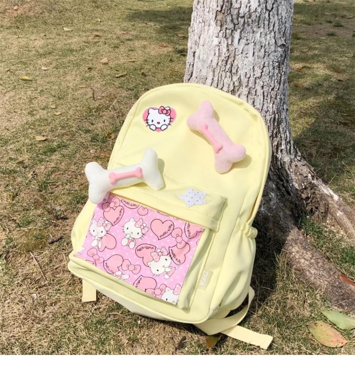 辣妹设计感背包可爱卡通猫猫骨头大容量清新黄色书包大学生双肩包详情18
