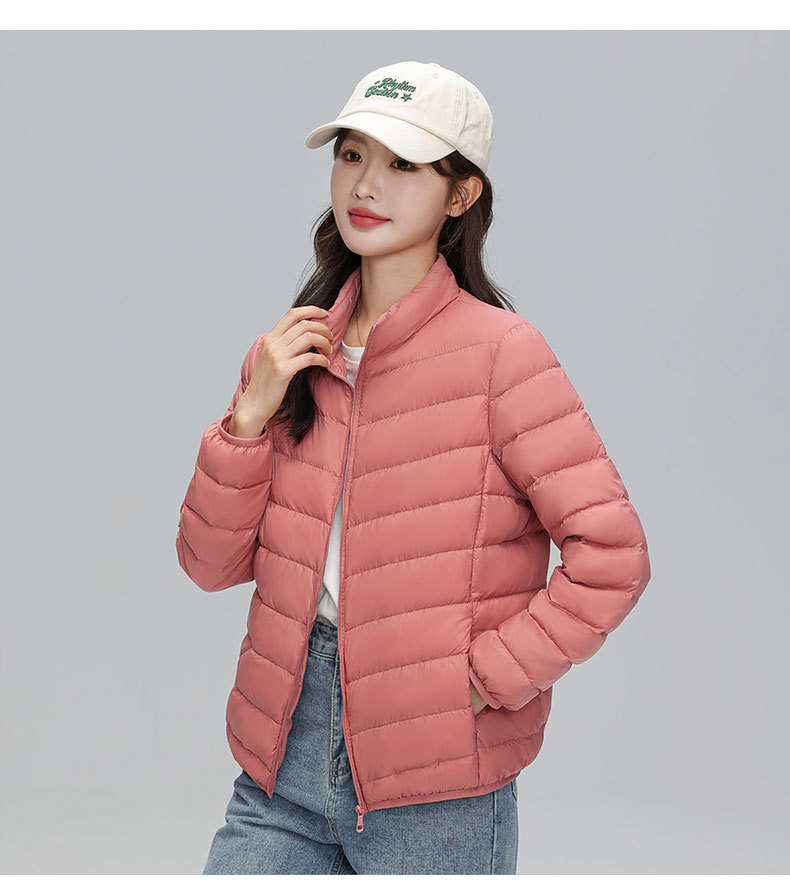 A light and thin down jacket for women in the autumn and winter of 2025, a short 90mm white duck down winter stand-up collar, a slimming casual coat trend pic 16