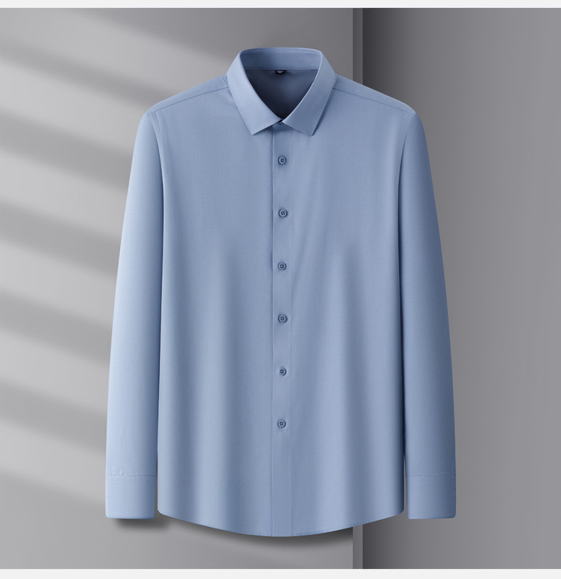 含桑蚕丝+莫代尔商务白衬衫男士长袖抗皱免烫职业工装蓝色衬衣详情16