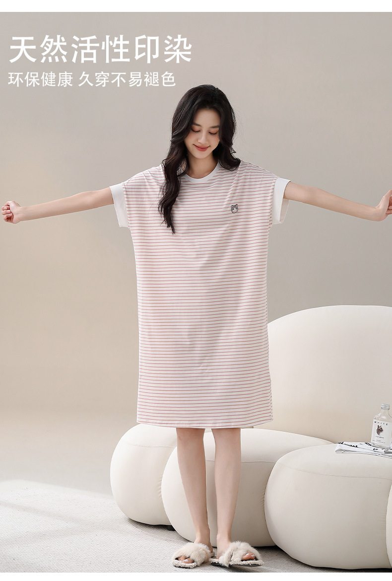 Pure cotton nightgown for women, summer short-sleeved mid-length dress, casual striped home wear for women, new thin style that can be worn over pajamas for women pic 7