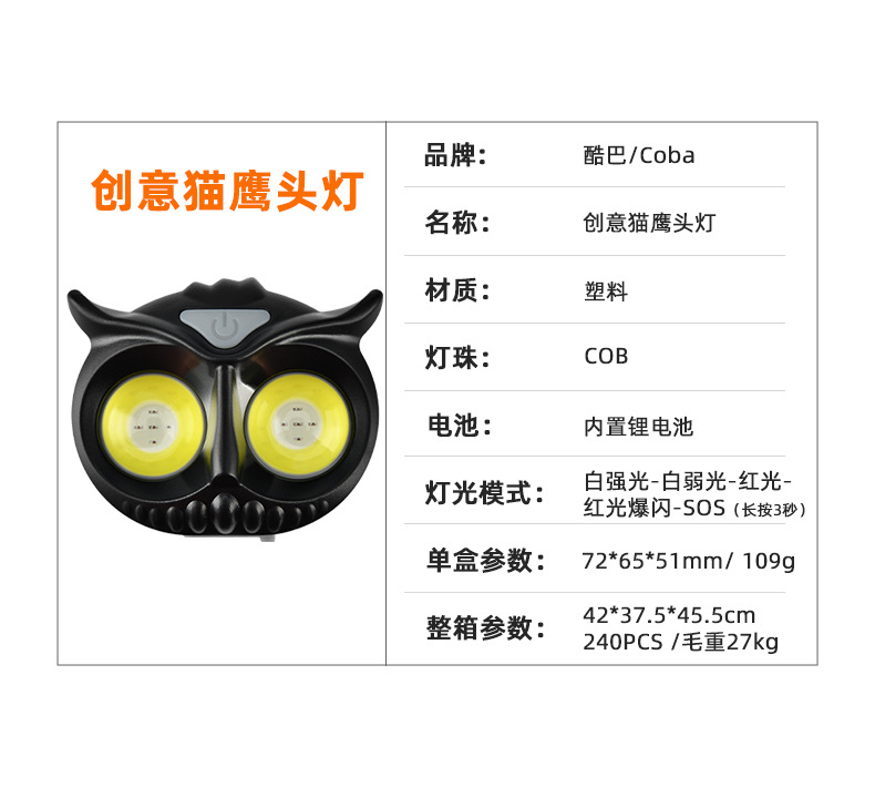 Best-selling induction owl headlamp, high-intensity LED mini portable outdoor camping fishing headlamp, COB warning headlamp pic 4