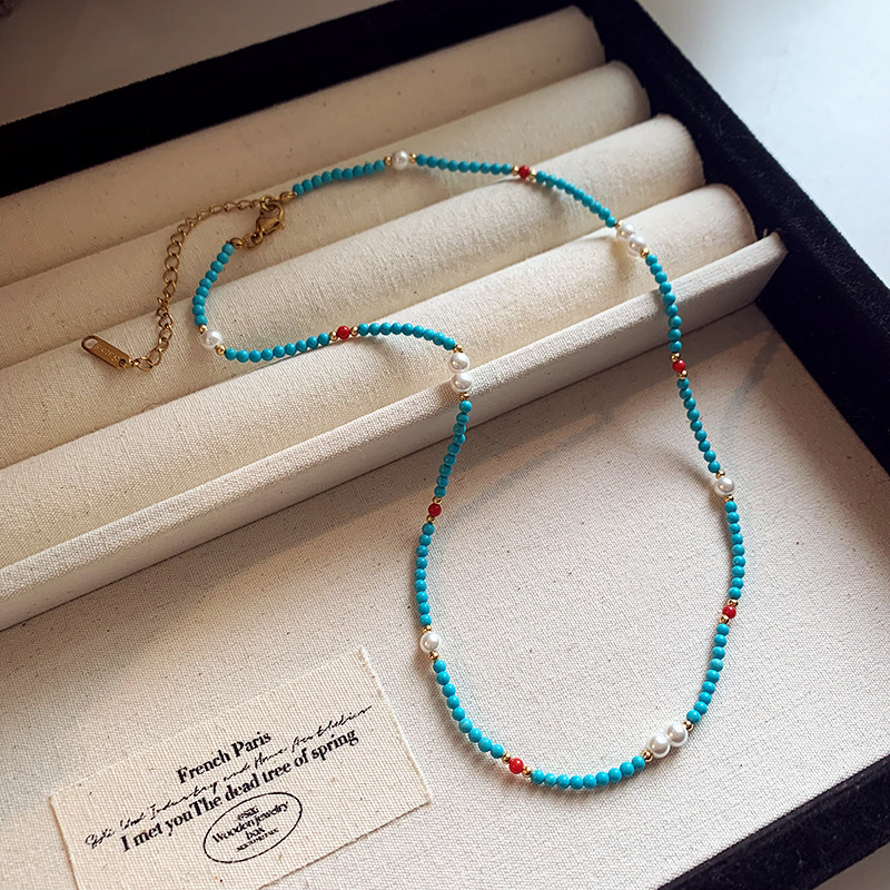 新中式优化绿松石红玛瑙串珠施家珍珠项链小众法式复古轻奢锁骨链详情1