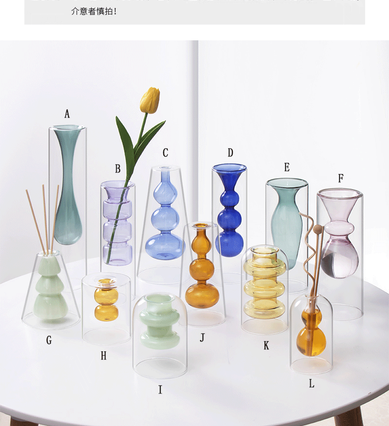 Colored double-layer glass vase, flameless glass art aromatherapy bottle, transparent vase, hydroponic restaurant table decoration pic 21