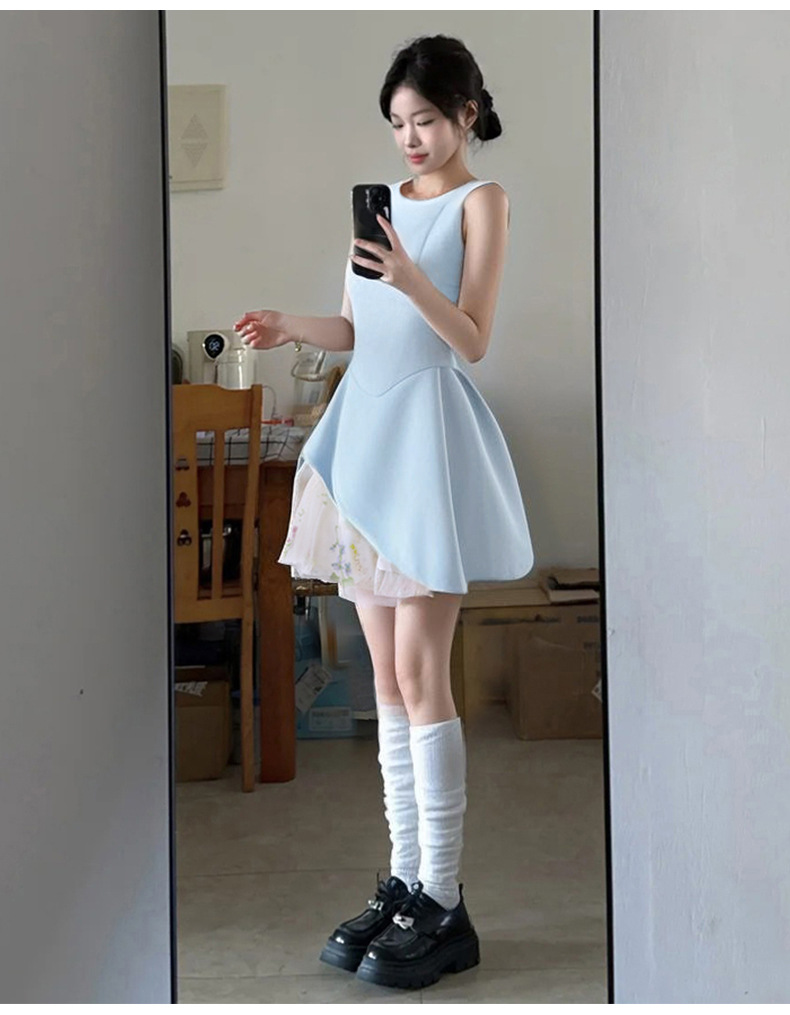蓝色掐腰a字连衣裙无袖小裙子女夏季短裙蓬蓬裙短款夏日绝美生日详情21