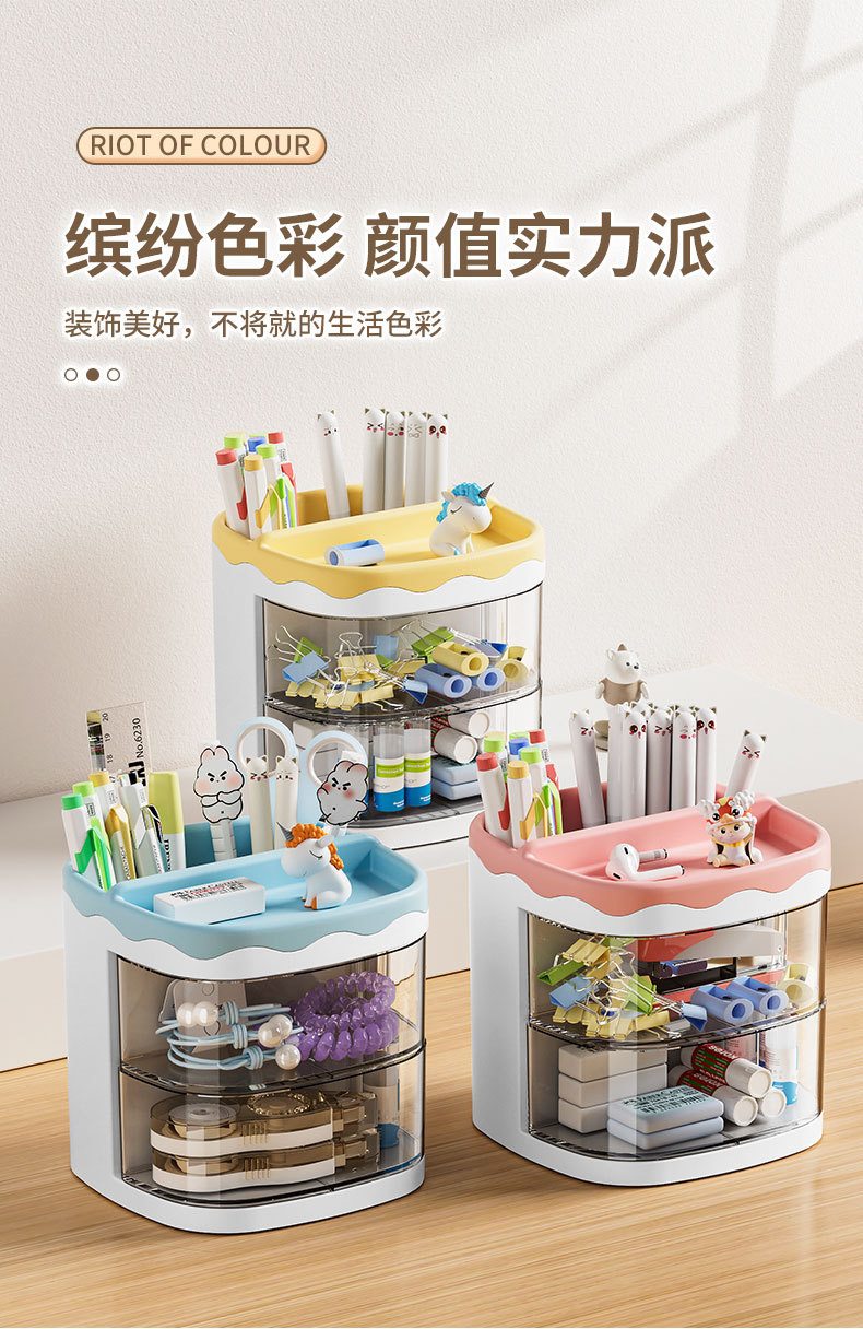 Cartoon-style new mini desktop storage box, rotating cosmetics, office stationery, makeup storage rack, home pic 7
