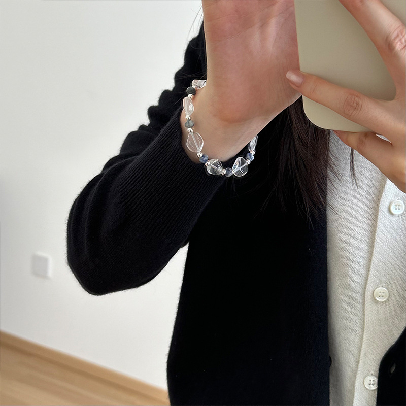 925 sterling silver irregular crystal spotted silver bead bracelet for women, simple handcrafted design, versatile beaded bracelet B3238 pic 10