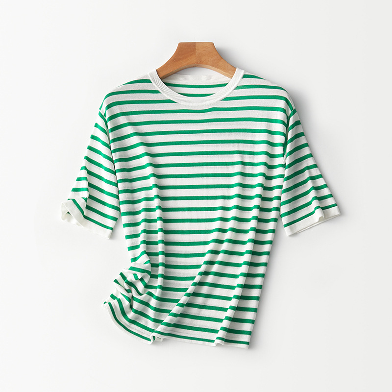 2025夏季新款时尚条纹显瘦简约圆领短袖t恤女百搭宽松套头上衣详情8