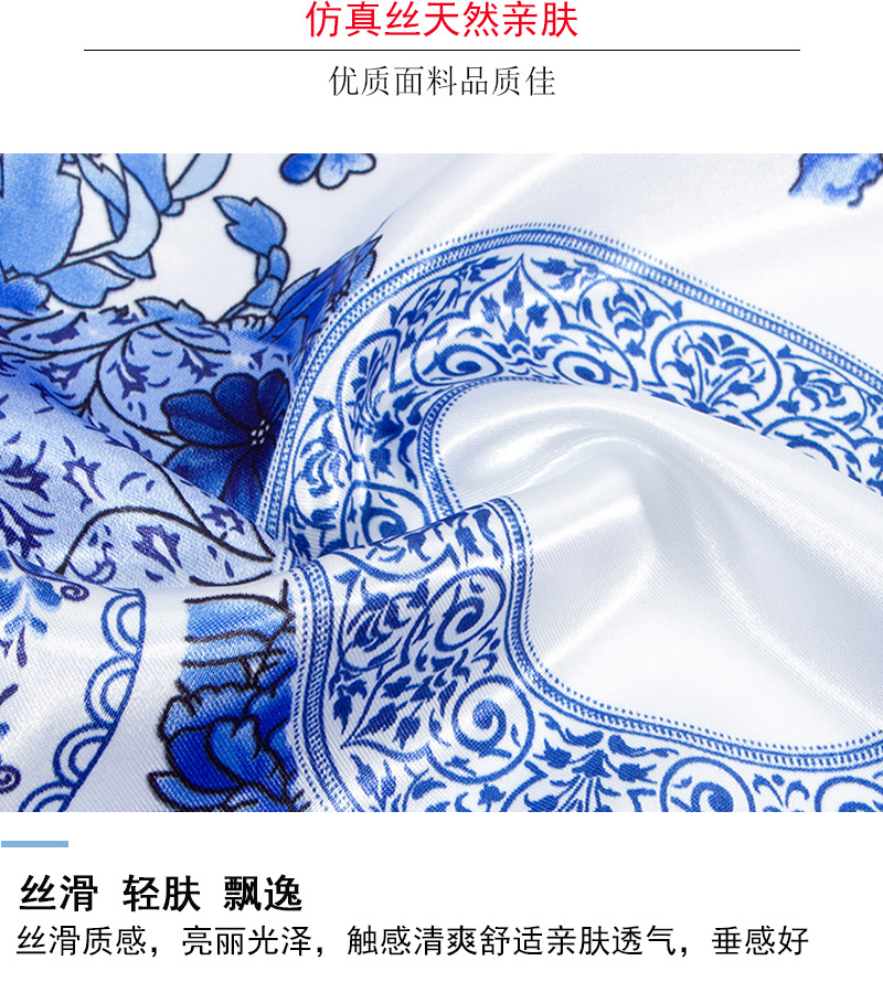 国潮90cm大方巾女士围巾 中国风青花瓷印花头巾缎面披肩色丁围巾批发详情3