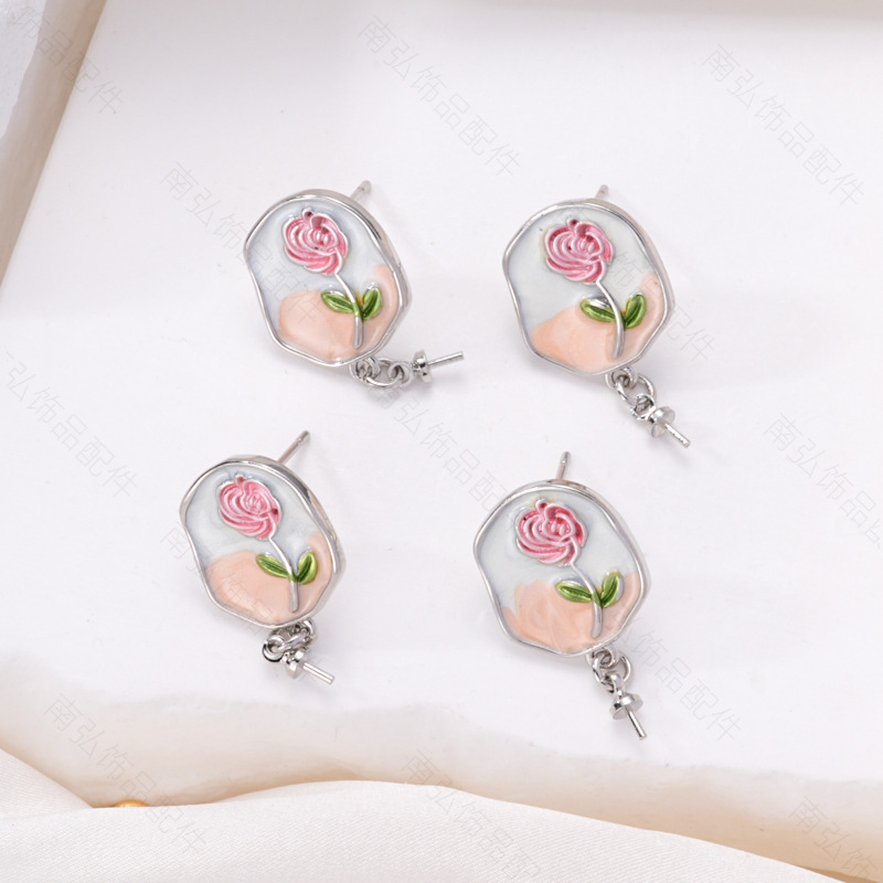 S925 Silver Needle Pearl Ear studs, ear studs, peach rose, Monet oil, vintage oil painting, Chinese style diy copper accessories pic 12