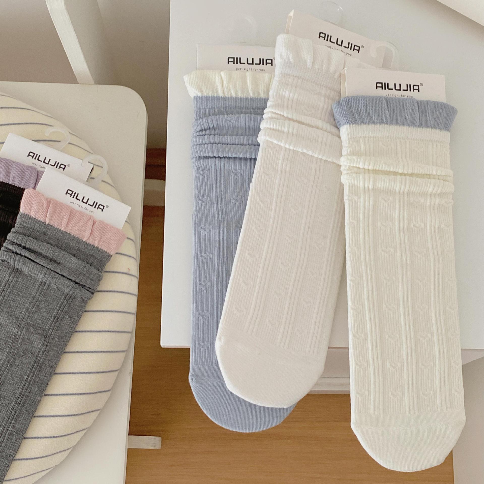 Autumn and winter new straight socks, Japanese-style color-blocking pure cotton lace mid-calf socks, Korean-style MIU-style boneless pile socks for women pic 5