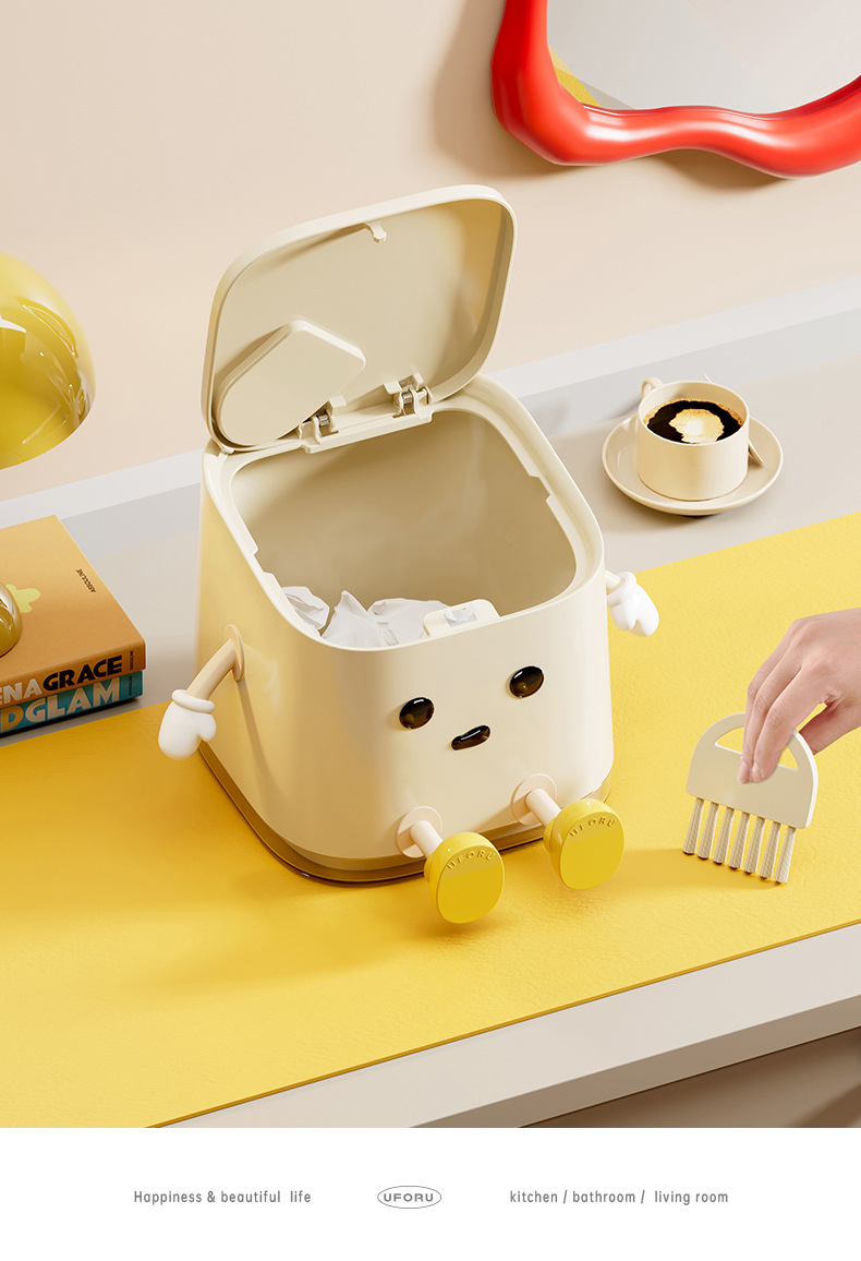 桌面迷你垃圾桶家用高颜值客厅卧室奶油风按压带盖垃圾筒一件起批详情14