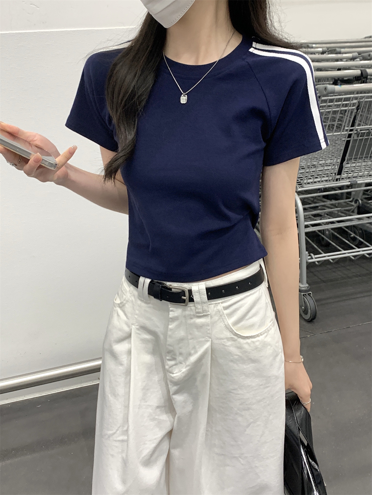 美式2024夏季新款韩版圆领修身插肩杠条显瘦百搭短袖T恤女装上衣详情2