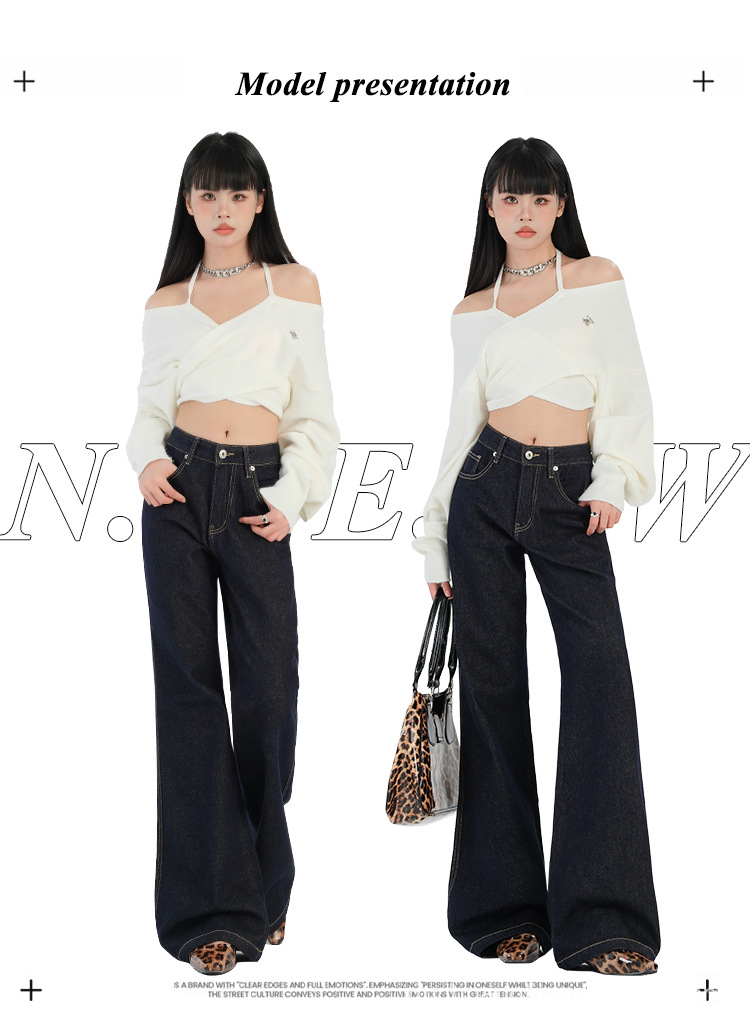 新塘牛仔之都美式丹宁蓝复古阔腿牛仔裤宽松显瘦不贴腿喇叭详情2