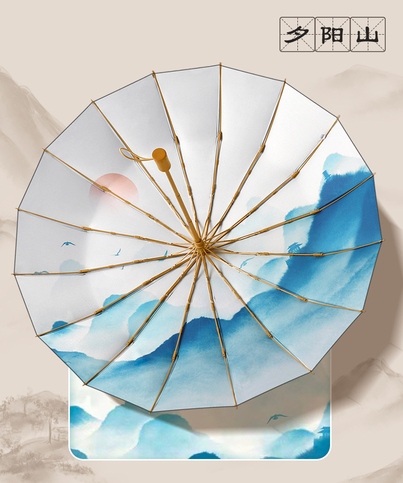 16骨手开三折晴古风雨伞实木手柄遮阳伞黑胶防晒太阳伞一件代发详情24