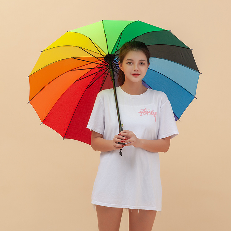 批发16K韩国创意碰击布彩虹伞长柄直杆自动雨伞广告伞可做LOGO详情1