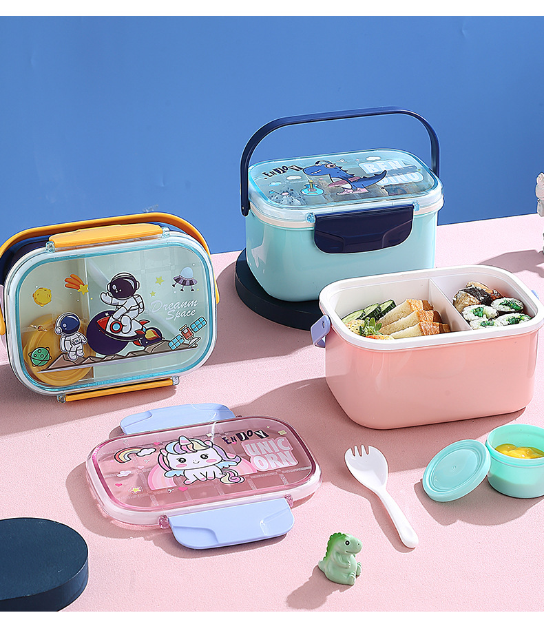 宇航员恐龙独角兽卡通双层手提饭盒户外野餐盒便当可微波带酱料杯详情13