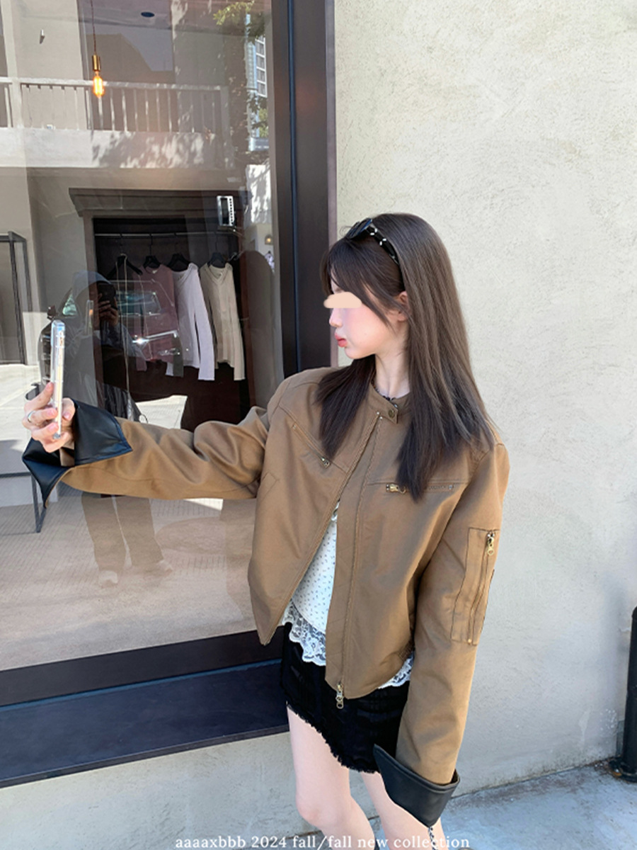aaaaxbb 希尔维斯画刊 皮拼接棕紫两色初秋外套短款宽松长袖上衣详情12