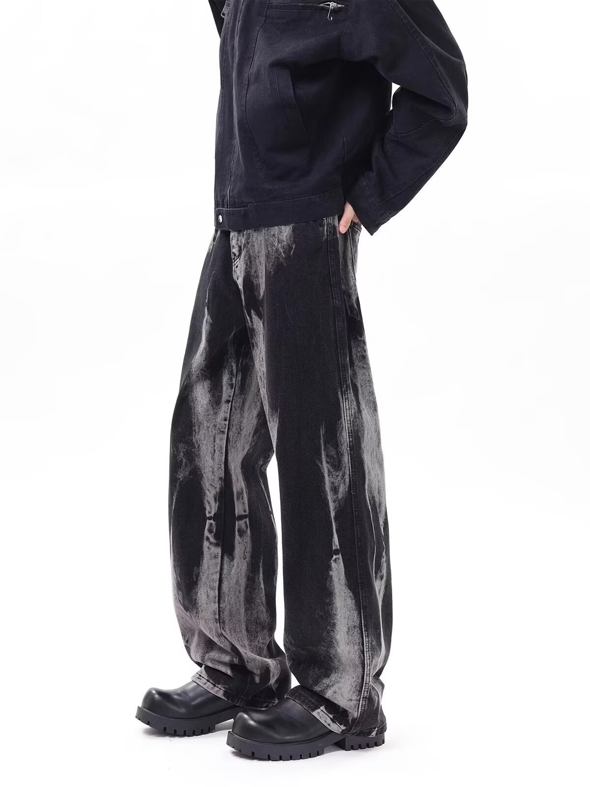 FUIV 扎染水洗垂感牛仔裤男女新款渐变宽松显瘦直筒阔腿拖地裤子详情11