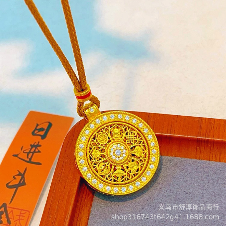 Long-lasting and colorless Vietnamese sand gold diamond-encrusted auspicious eight treasures compass and ruyi rope necklace, rotatable pendant sweater chain for women pic 9