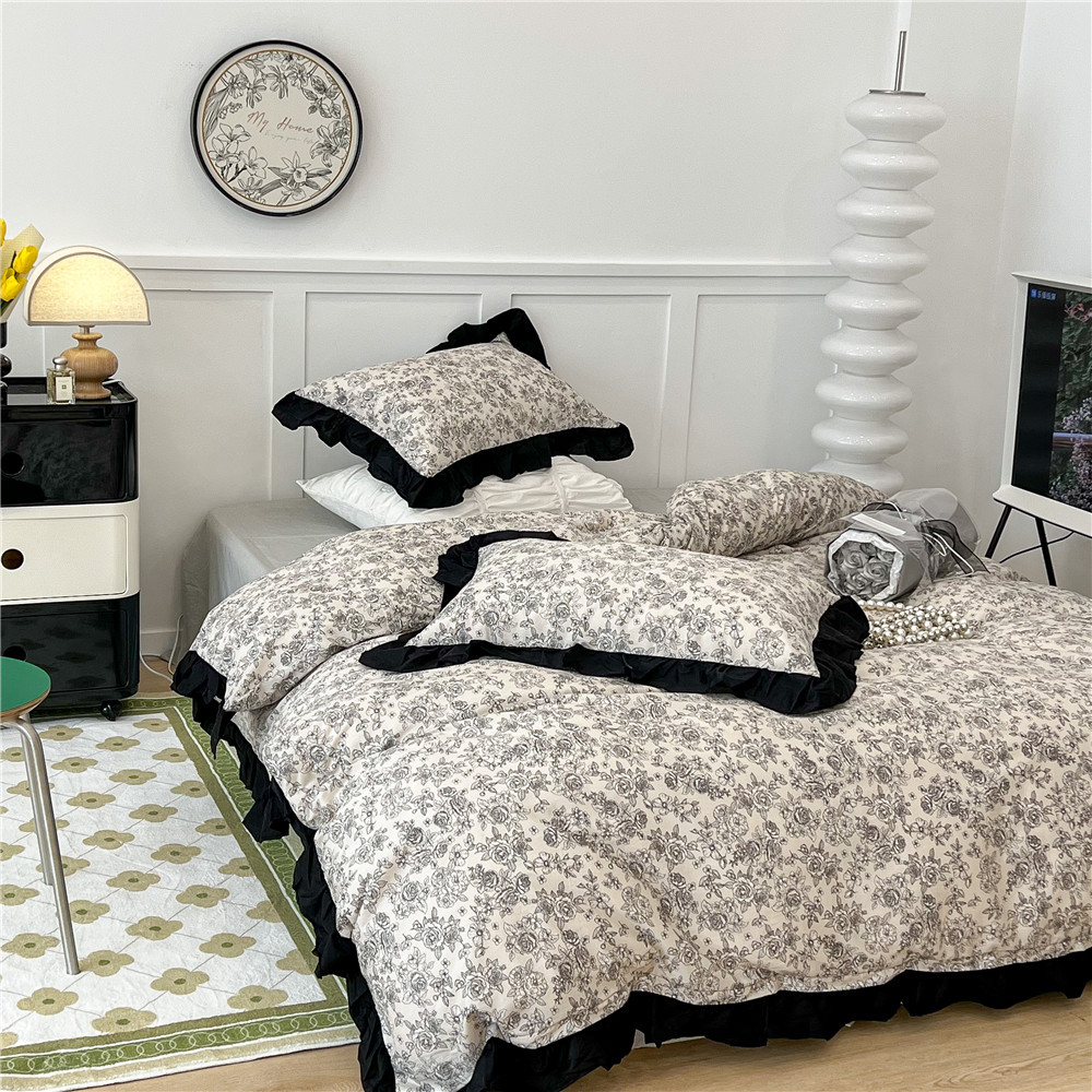 French Hepburn style pure cotton four-piece set, high-end feel, pure cotton black and white sketch flower duvet cover, all-cotton edge bedding pic 47