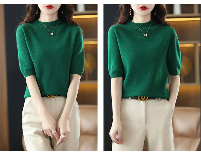 A semi-high-neck casual knitted sweater for women in spring 2023, in a solid color, paired with a half-sleeved base layer sweater T-shirt pic 19