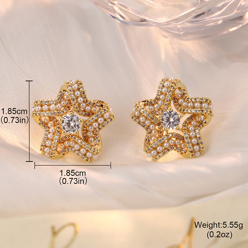 时尚高级感天然珍珠锆石耳环女花朵星星复古轻奢耳钉耳夹925银针详情34