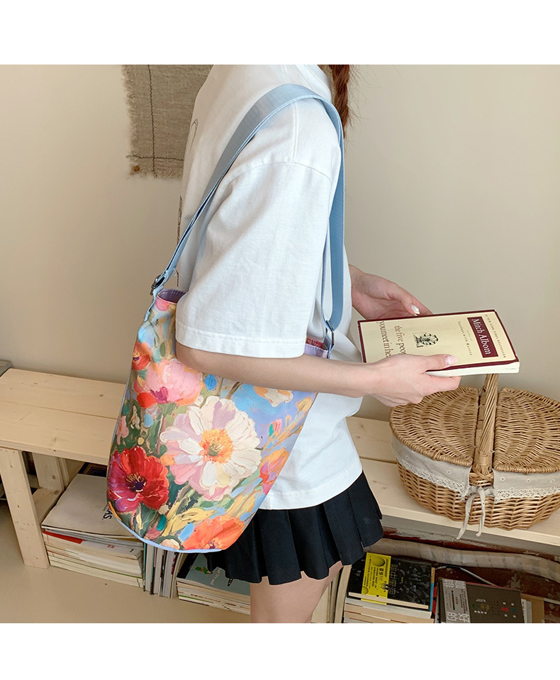 大容量国风印花水桶包女创意花卉个性手提单肩包设计感休闲斜挎包详情33