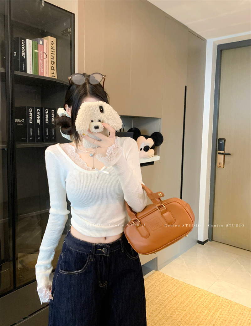 6035#复古蕾丝拼接针织衫新款修身显瘦纯欲风内搭打底长袖上衣女详情38
