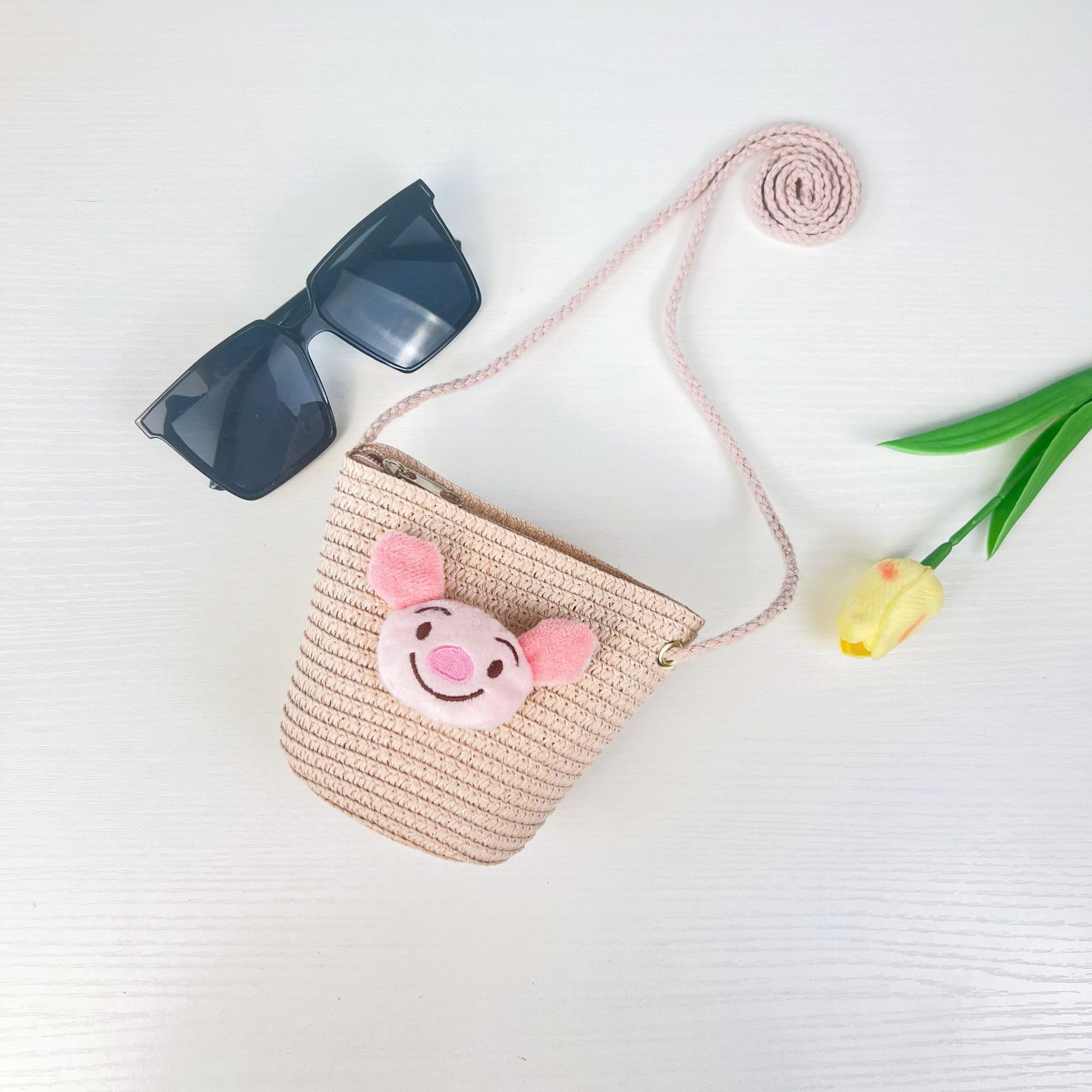 儿童手工编织包包可爱卡通猫草编小包男女童小圆包宝宝零钱包批发详情7