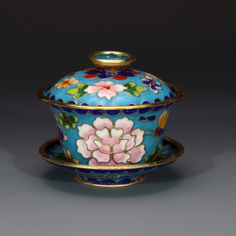 Beijing Cloisonne craft cultural gift and decorative items: copper body, cloisonne enamel, filigree, silver blue, large and small tea bowls and covered bowls pic 6