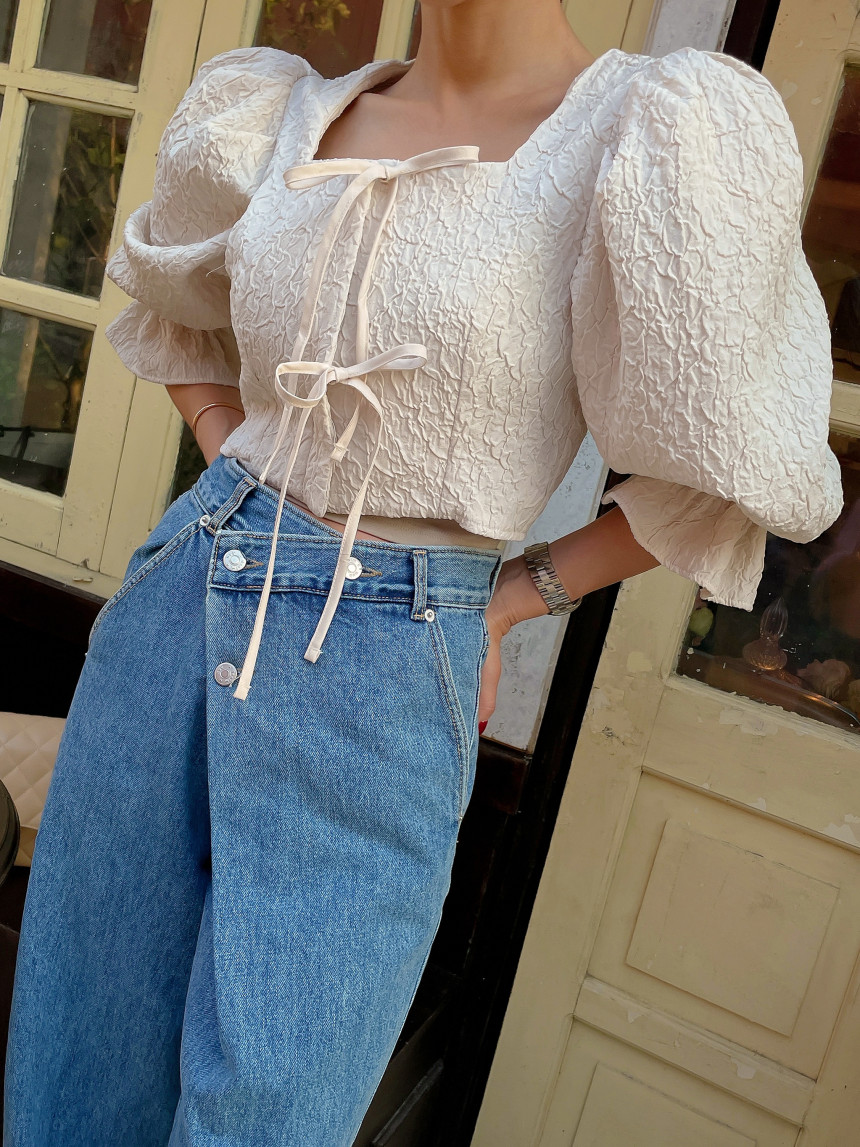 韩国chic春季复古小众高腰百搭不规则斜扣设计感阔腿牛仔裤长裤女详情23