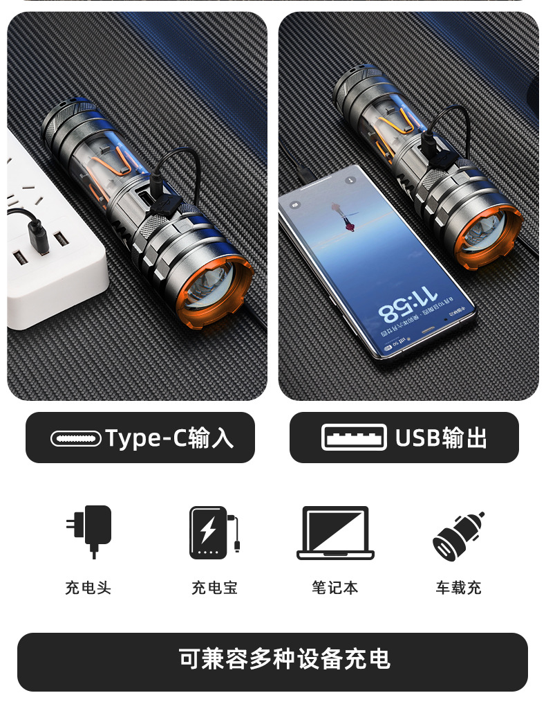 The new cross-border ultra-bright outdoor long-range white laser zoom with breathing function comes with a rechargeable flashlight for camping pic 14