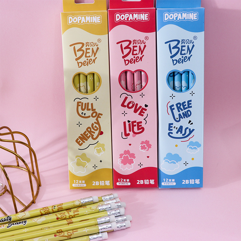 卡通高颜值铅笔12支盒装2b铅笔学生儿童绘画带橡皮头文具用品批发详情3