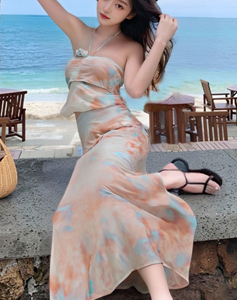 新款扎染挂脖露腰泳衣女2026分体三件套纯欲风辣妹海边度假长裙泳涤亚125200详情10