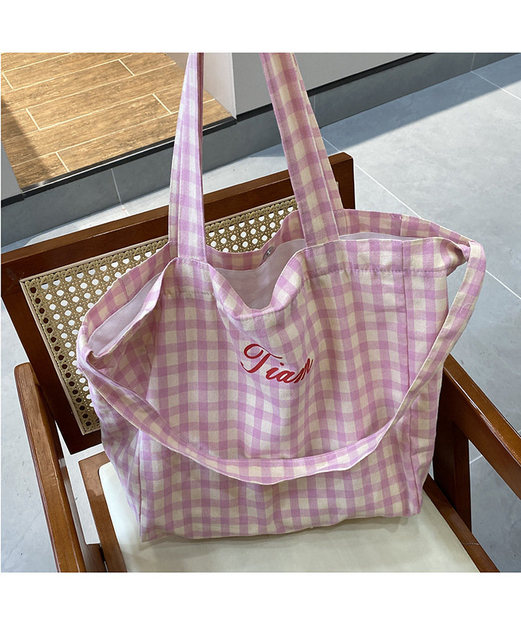 ins风字母格纹大容量托特包女2025新款度假风单肩斜挎包购物包详情5