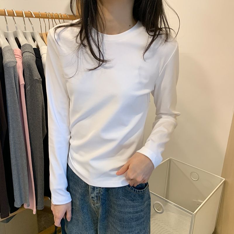 直播高品质圆领纯色打底衫女春秋新款叠穿内搭修身长袖t恤上衣详情3