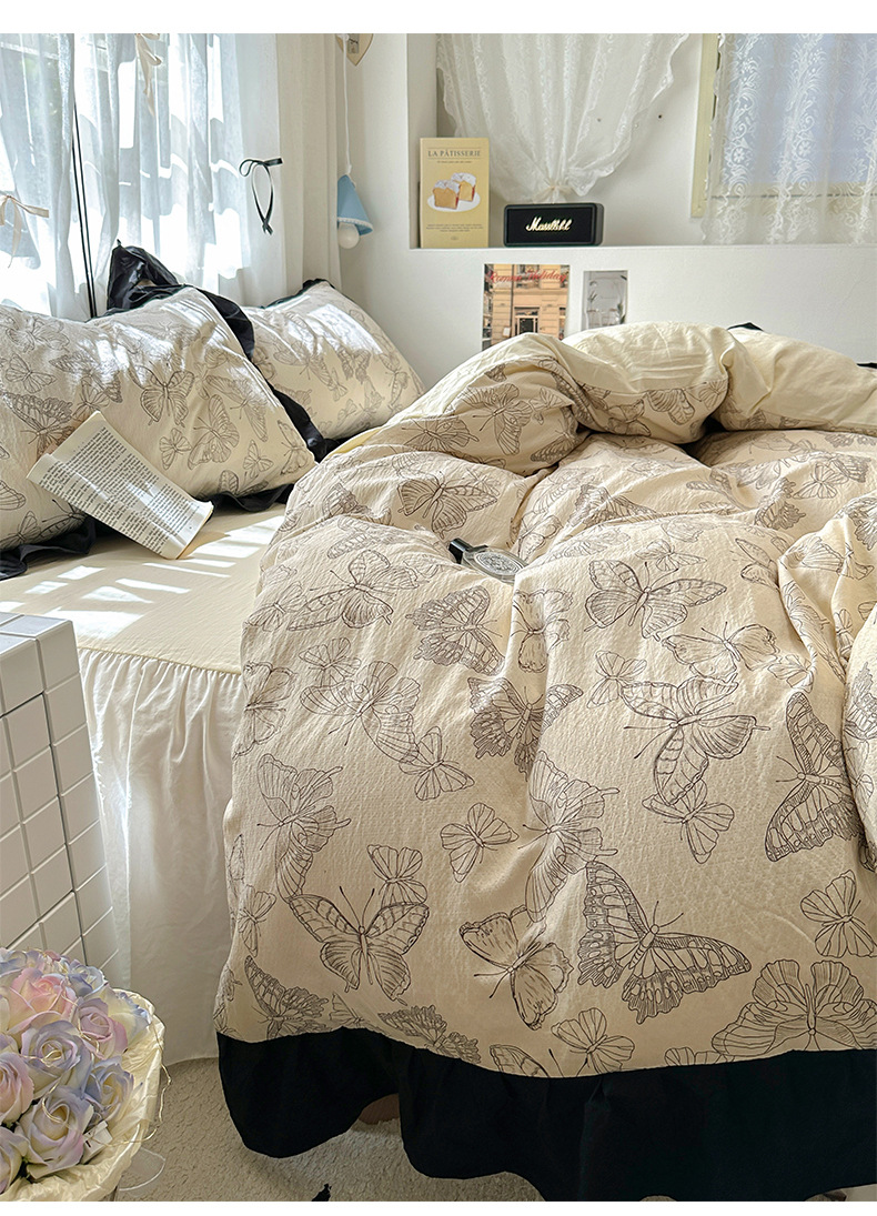 French romantic princess-style lace washed cotton four-piece set, small floral skin-friendly quilt cover, dormitory three-piece set, bed skirt style pic 9