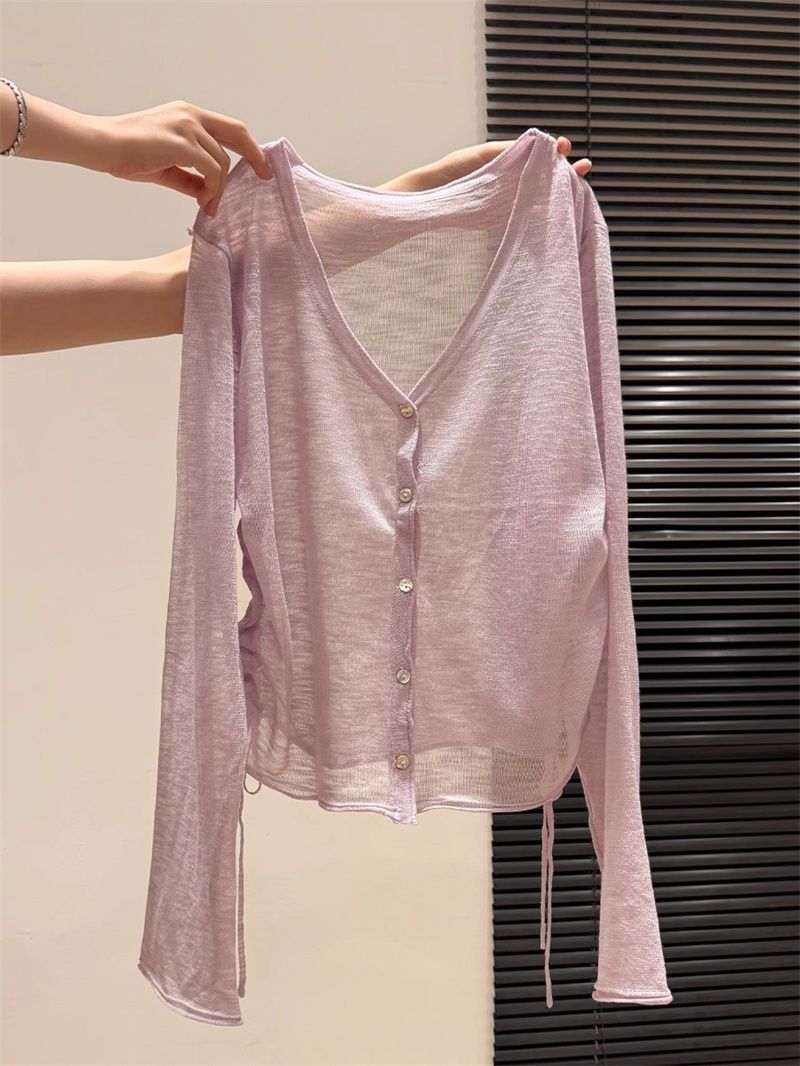 奥特莱斯~大牌余单V领防晒针织长袖开衫女潮夏季新款抽绳薄款上衣详情10