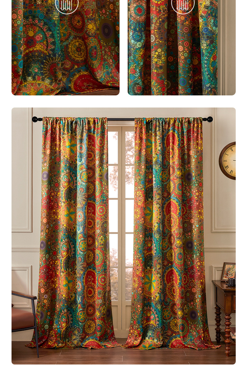 Cross-border trade thickened cotton and linen Bohemian-style polka dot printed bedroom blackout curtains, sun protection, heat insulation and sunshade fabric pic 6