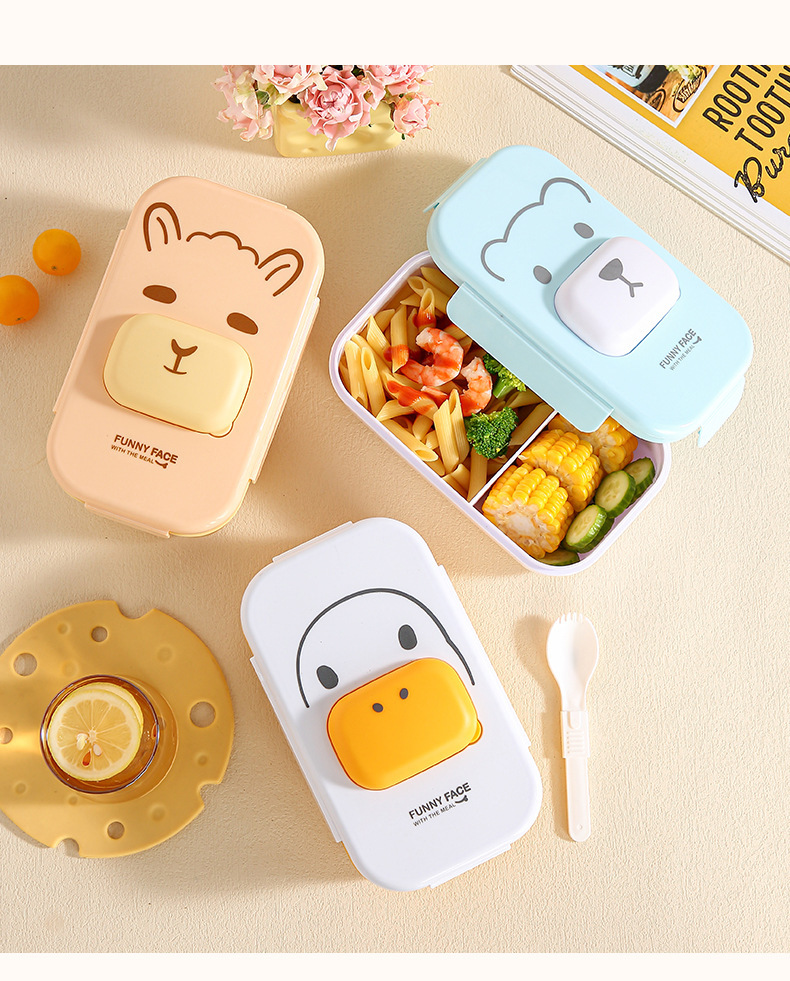 Cute compartments student lunch box that can be heated in a microwave oven. Home cartoon bento box. Office worker lunch box with tableware pic 11