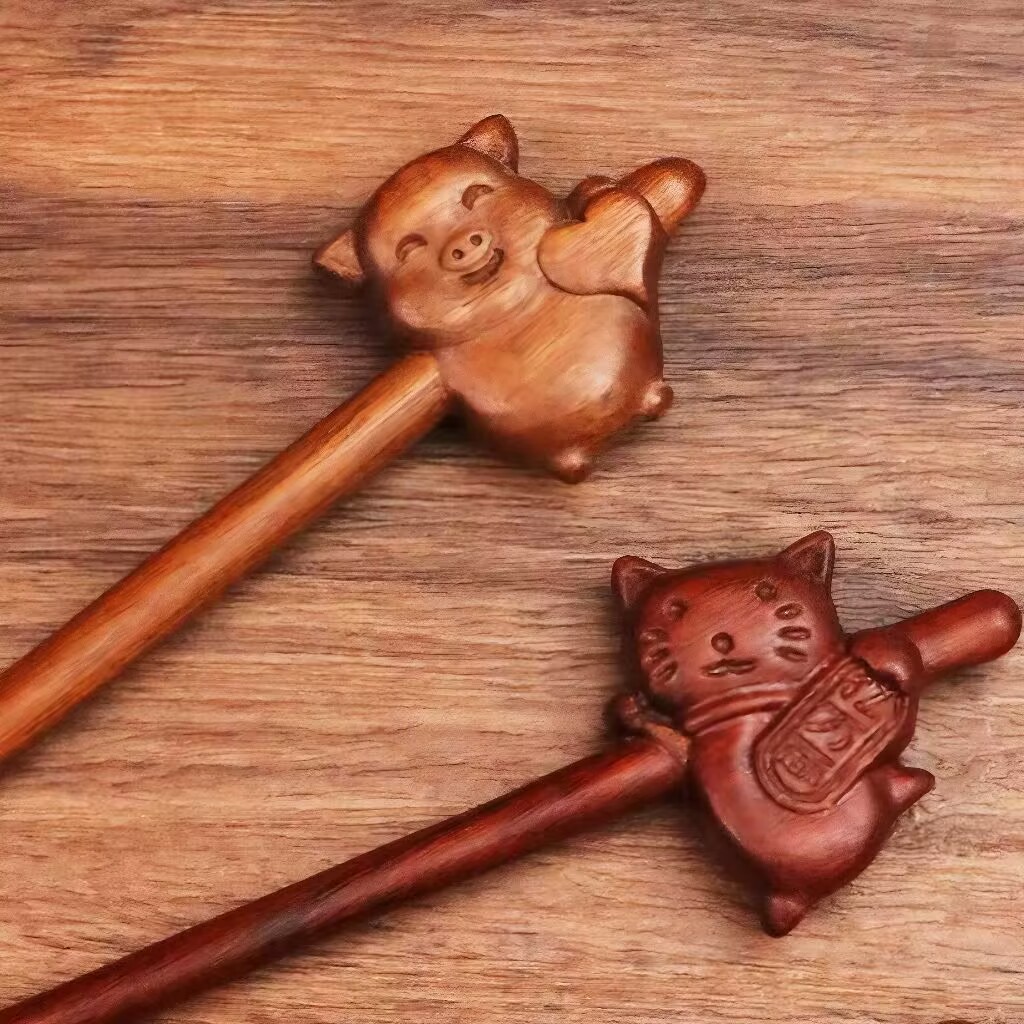 新中式发簪复古爱心小猪檀木簪子小众气质古风发钗发饰雕刻盘发木簪详情1