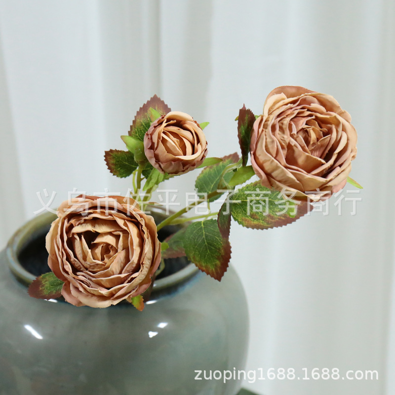 3头烤边玫瑰仿真花家居客厅装饰绢花玫瑰花拍摄道具花橱窗花批发详情6