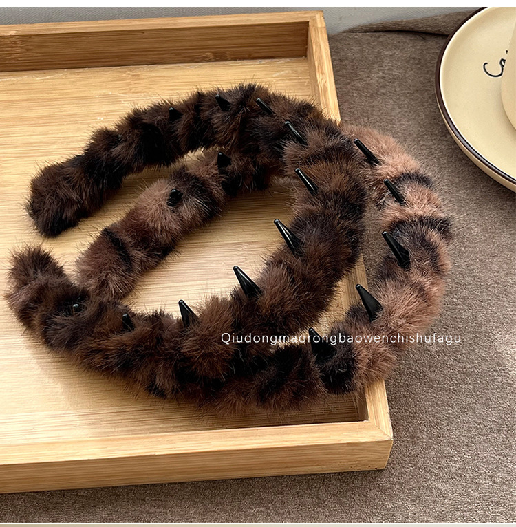 高颅顶大波浪豹纹毛绒发箍女韩系复古带齿防滑压发卡秋冬洗脸头箍详情9