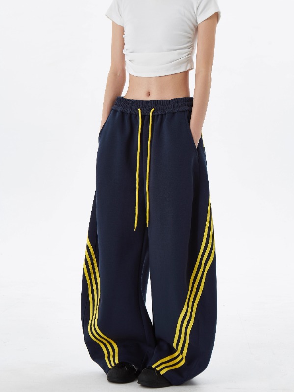 美式街头条纹撞色阔腿裤卫裤男女复古松紧抽绳垂感休闲运动裤详情4